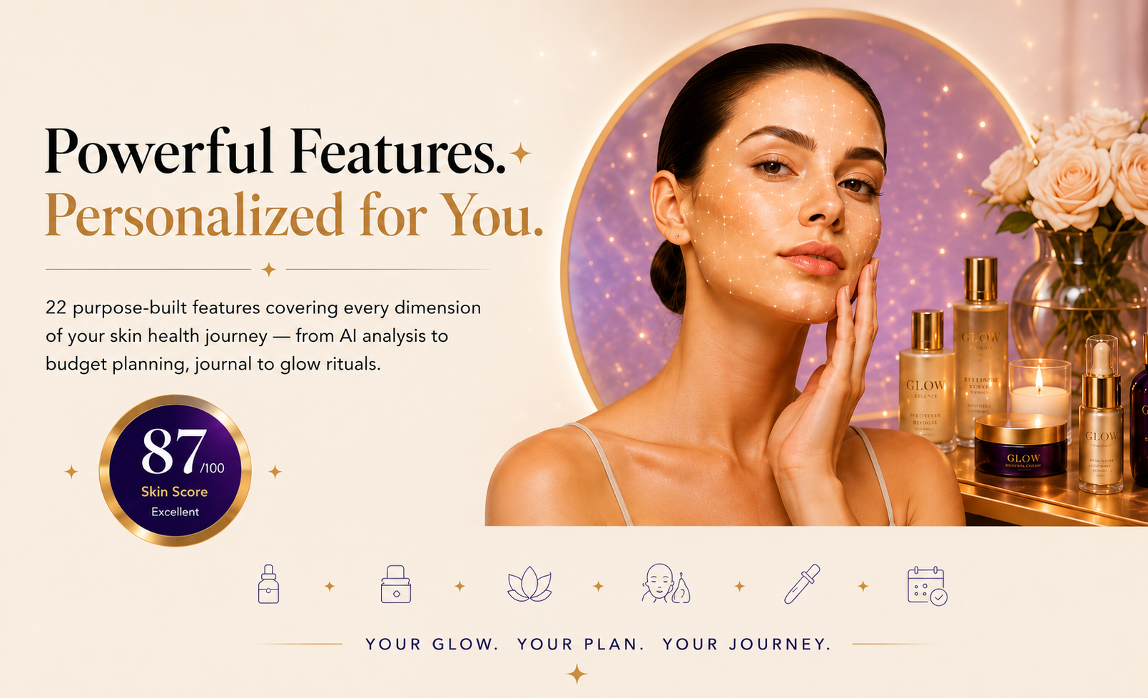 Powerful Features. Personalized for You. — 87/100 Skin Score, AI face-mesh analysis beside luxury skincare and roses.